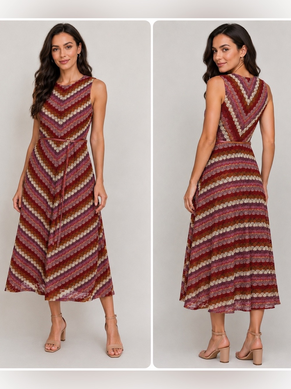 Jessica Howard Sleeveless Chevron Lace Midi Dress Burgundy Pink 14P/12P NWT $129